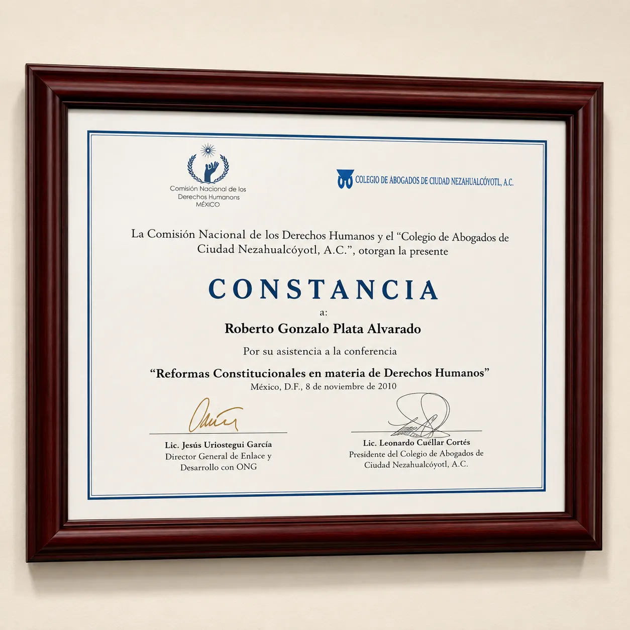 Constancia de la CNDH y el Colegio de Abogados de Ciudad Nezahualcóyotl por la conferencia sobre reformas constitucionales en derechos humanos, 2010.