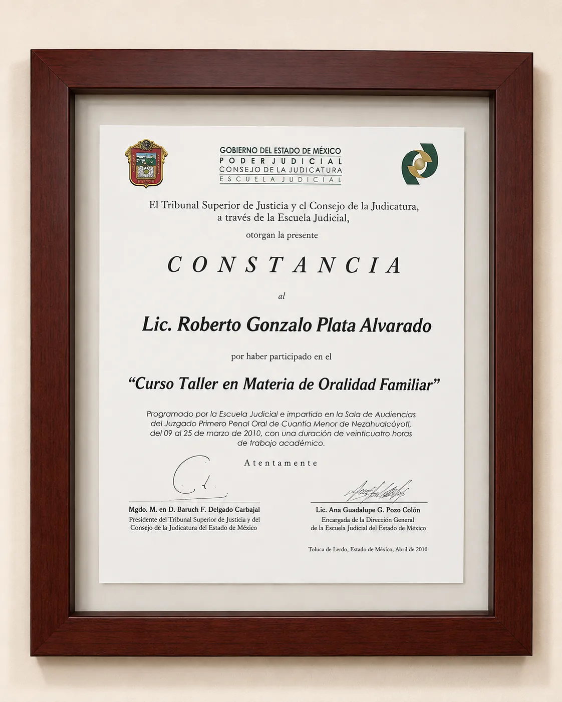 Constancia del curso taller en materia de oralidad familiar impartido en Nezahualcóyotl por la Escuela Judicial del Estado de México, 2010.