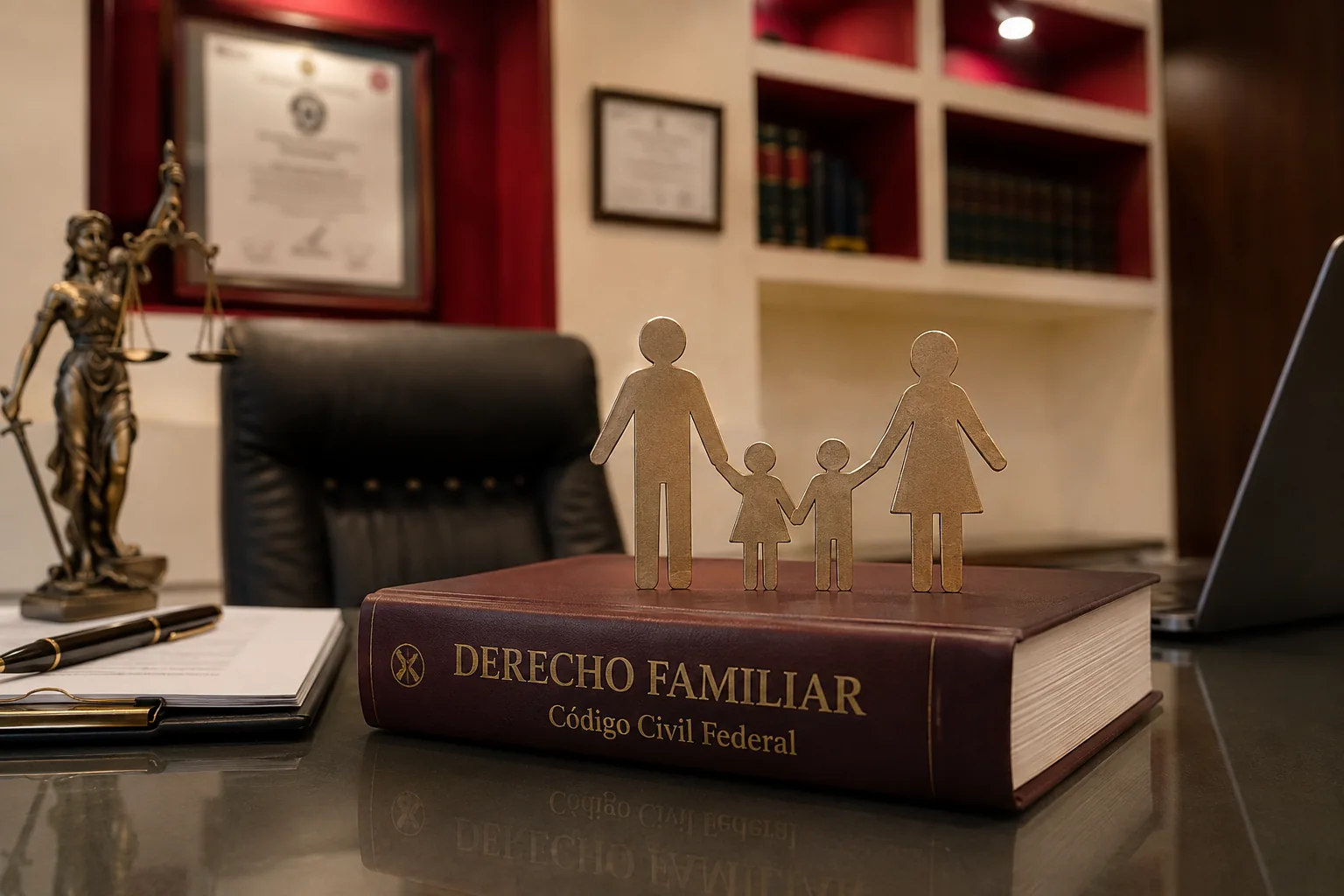 Figura de una familia sobre un volumen de derecho familiar, en el escritorio del despacho.