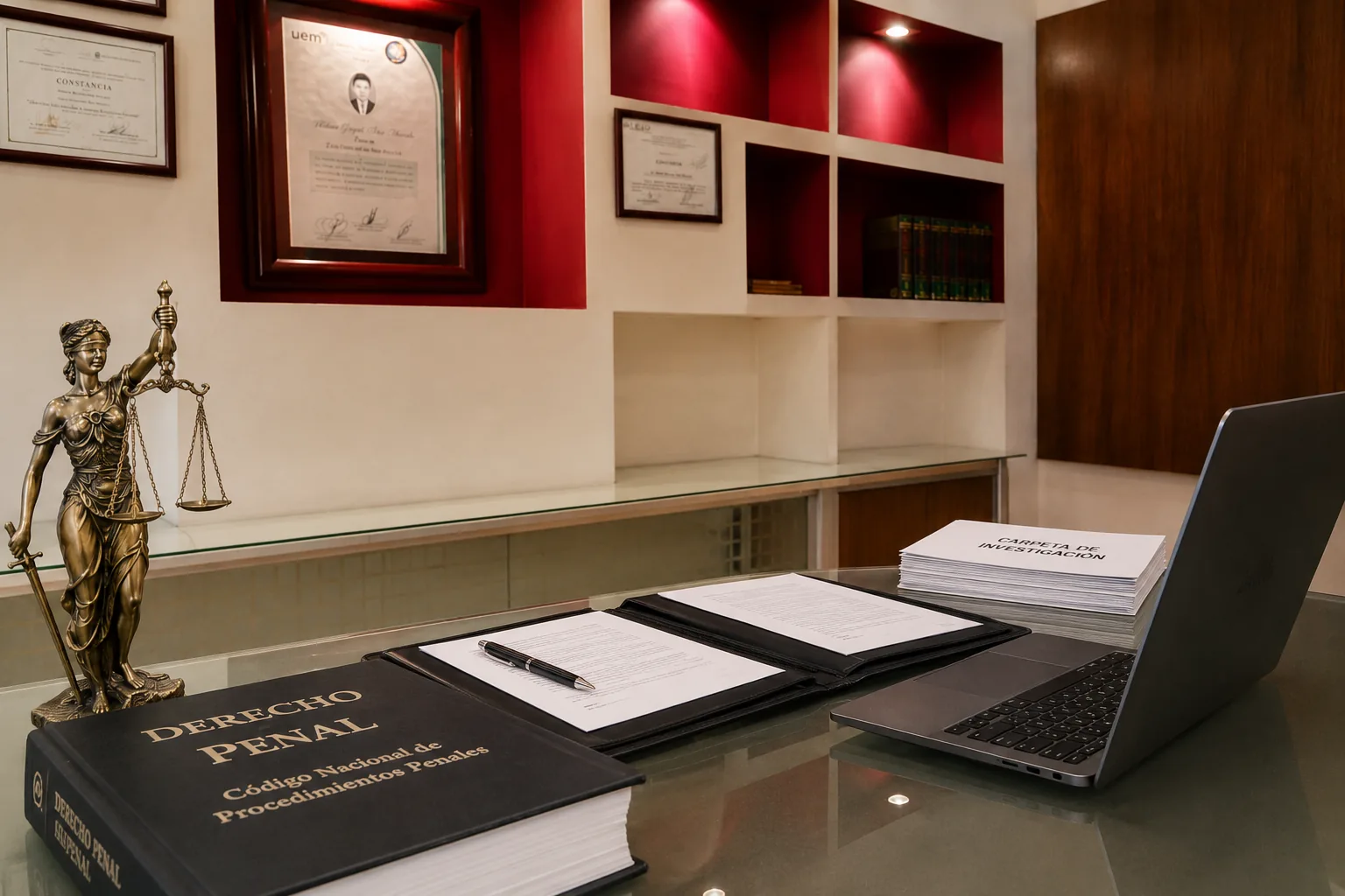 Escritorio del despacho con el Código Nacional de Procedimientos Penales, una carpeta de investigación y documentos abiertos.